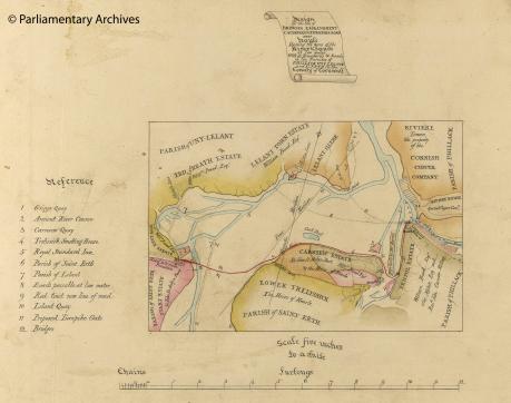 1825 plan of Hayle in Cornwall, showing the design for bridges, a turnpike road and an embankment causeway